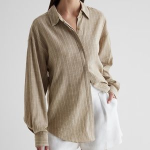 Express Linen-Blend Striped Boyfriend Portofino Shirt